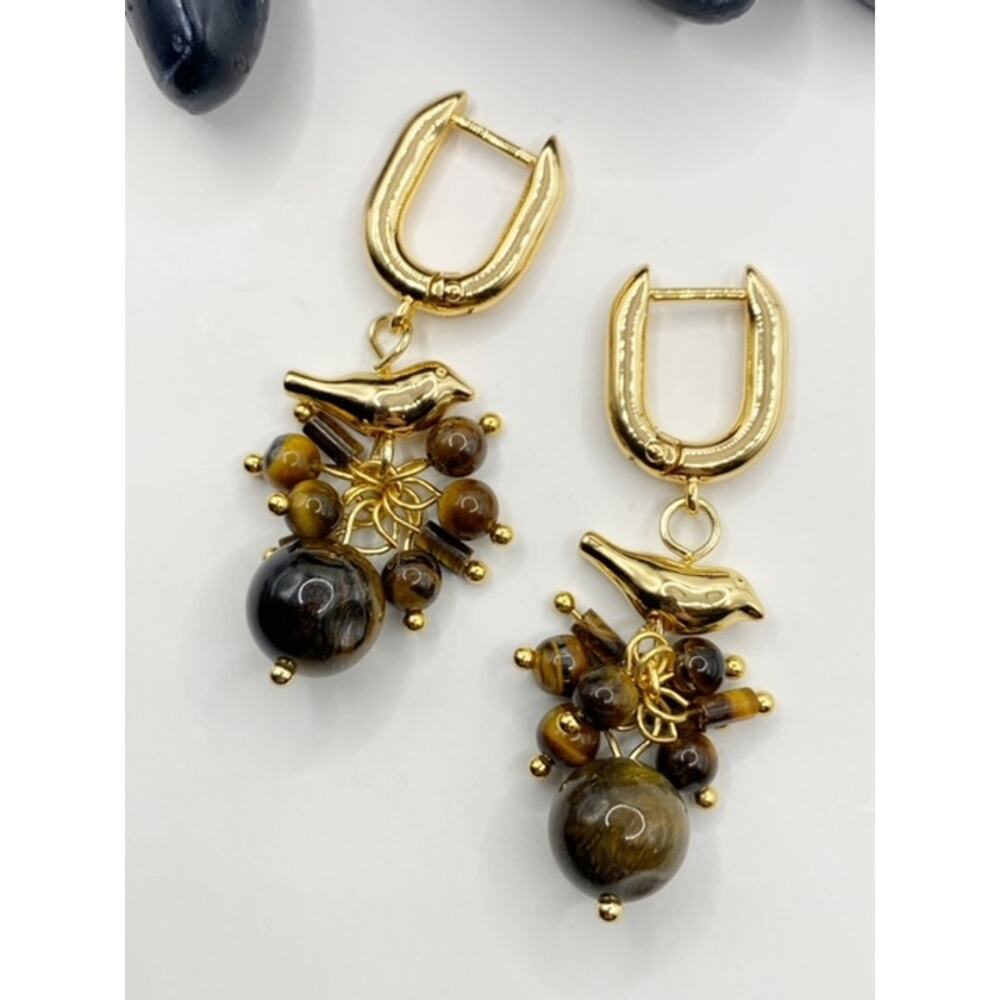 NEW Tigers Eye Bird Dangle Hoop Earrings
